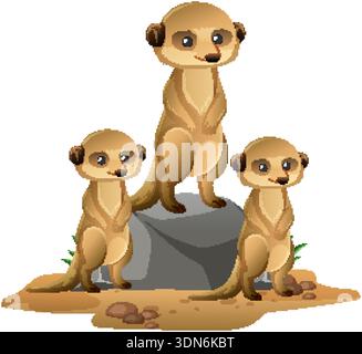 Cartoon-Erdmännchen stehen auf Felsen und Sand, flacher Vektor-Stil, warme Erdtöne Stock Vektor