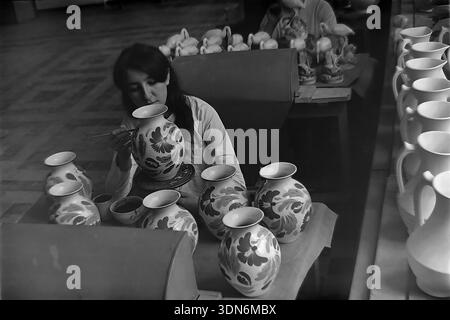 Slowiansk, Region Donezk, Ukraine, UdSSR. 1960er Jahre Historisches Archivfoto. Eine junge Künstlerin mit langen dunklen Haaren malt sorgfältig ein Blumenmuster auf einer Keramikvase im Sloviansk Ceramic Combine. Sie sitzt mit einem Pinsel an ihrem Arbeitsplatz und dekoriert die Töpferwaren von Hand mit einem Drehteller. Neben ihr bewegt ein langes Förderband eine Reihe weißer Keramikkrüge, die zur Verglasung bereit sind. Im Hintergrund malen andere Arbeiter Vogelfiguren. Dieses authentische Schwarz-weiß-Bild fängt den kreativen Prozess und die handwerkliche Arbeit sowjetischer Frauen in der friedlichen Donbass-Region ein Stockfoto