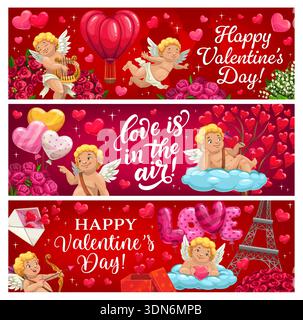 Happy Valentine Day Gruß Banner mit Cartoon Cupids Charaktere. Vektor Valentinstag Liebeskarten mit fliegenden Herzen und Ballons, Cherub Cupids, Liebespfeile, Geschenke und Blumen Banner Stock Vektor