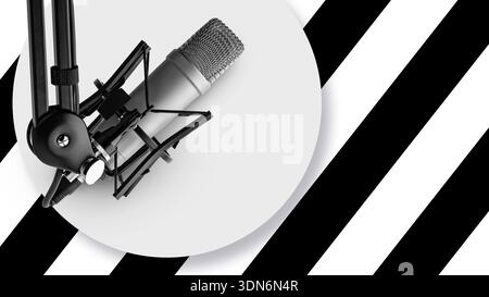 Podcast-Setup mit Mikrofon und modernen Designelementen in Schwarz-weiß Stockfoto