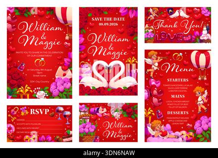 Vorlage für Hochzeitseinladungen in Rahmen von Cartoon-Figuren zum Valentinstag. Vektor Hochzeitseinladung, speichern Sie die Datumskarte und Menü Flyer Vorlagen mit Cupid Zeichen, Liebe Herzen, Blumen Stock Vektor