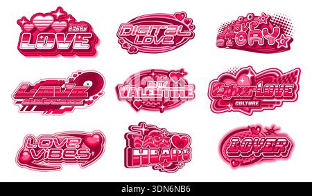 Valentinstag Love y2k Streetwear-Label-Ikonen mit hochglänzenden Love-Zitaten. Grooviger rosafarbener Vektor mit Herzen, Sternen, Glitzern und Blasenformen. Romantische Tags mit futuristischen Retro-Schriftarten und digitaler Atmosphäre Stock Vektor