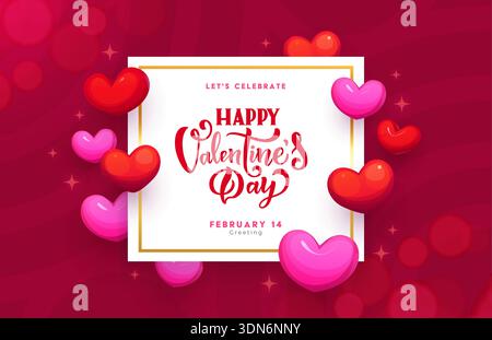 Valentinstag Grußkarte mit Liebe Herzen Vektor Hintergrund. Romantische Weihnachtskarte mit Glückwunsch zum Valentinstag in rotem rosa Herzrahmen, glitzernden Lichtern und Bokeh-Lichtern Stock Vektor