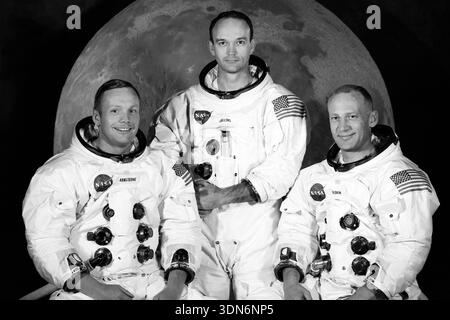 Offizielles Porträt der Apollo 11-Mondlandungsmission mit (l-to-r) Kommandant Neil Armstrong, Modulpilot Michael Collins und Lunar Module Pilot Edwin 'Buzz' Aldrin. (USA) Stockfoto