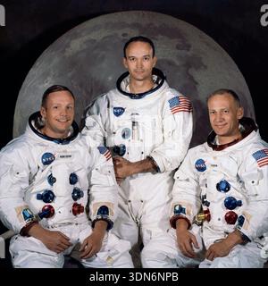 Offizielles Porträt der Apollo 11-Mondlandungsmission mit (l-to-r) Kommandant Neil Armstrong, Modulpilot Michael Collins und Lunar Module Pilot Edwin 'Buzz' Aldrin. (USA) Stockfoto