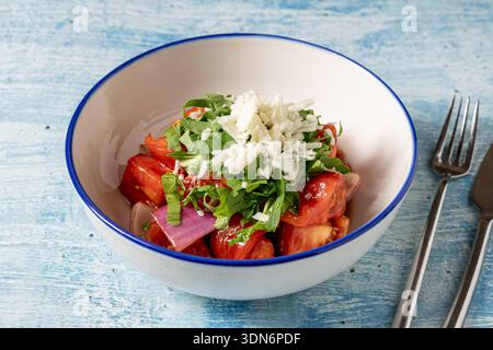 Frischer Tomatensalat mit Kräutern und Käse mediterranes gesundes Lebensmittelkonzept Stockfoto