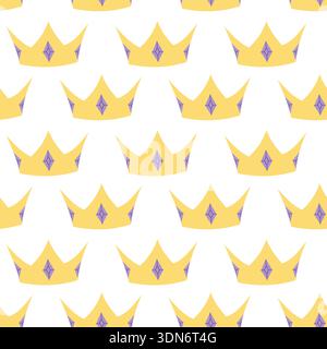 Niedliches nahtloses Muster mit goldener Krone und violettem Edelstein in flachem Stil Stock Vektor