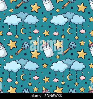 Niedliches, nahtloses Muster für Säuglinge und Mutterschaft. Stoff für Kinderbekleidung, Geschlechterpartys, Babydusche. Textur mit Babymotiv, Schnuller, Milchflasche, Rassel, Sternen. Konturvektor Stock Vektor