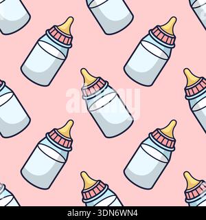 Flasche mit Schnullerumriss nahtloses Cartoon-Muster. Handgezogene Babyflasche. Texturvektor für Babynahrung. Illustration für Kinderkleidung Design, Geschlechterpartys, Babydusche. Stock Vektor