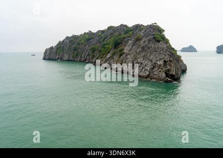 Eine majestätische Kalksteinkarstinsel, bedeckt von üppiger grüner Vegetation, erhebt sich aus dem smaragdgrünen Wasser der Halong Bay, Vietnam Stockfoto
