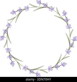 Niedlicher runder botanischer Rahmen aus winzigen lila Blumen. Kreisförmiger Blumenkranz. Lavendelstiele erzeugen kreisförmige, leere Schablone. Vektorgrafik Stock Vektor