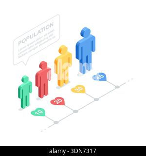 Isometrische Vektor-Infografik von Personenfiguren und einem Lineal mit einer Skala, in Farbe auf weißem Hintergrund, statistischen Daten oder Sozialforschung Stock Vektor