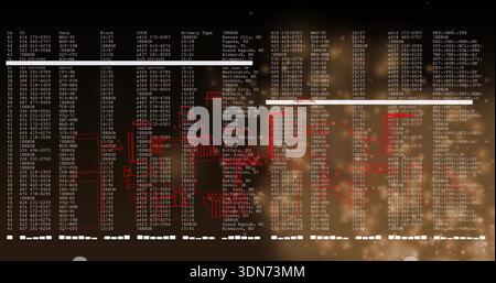 Anzeige eines großen Monitors mit dicht besiedelten Datenspalten am OPS Desk, mit roter Überlagerung und FEHLER Stockfoto