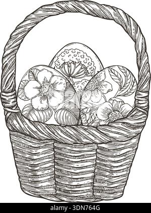 Ostereierkorb im Vintage-Stil. Hand gezeichnete Vektor-Illustration in Schwarz und weiß mit bemalten Blumenei. Perfekt für Grußkarten-Design-Posterschablone und Weihnachtsdekoration. Stock Vektor