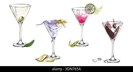 Vektorset Cocktails in Martinigläsern von Hand in Tinte gezeichnet. Aviation, Cosmopolitan, Espresso, Erdbeere Daiquiri mit Zitrus- und Olivengarnitur. Bar Stock Vektor