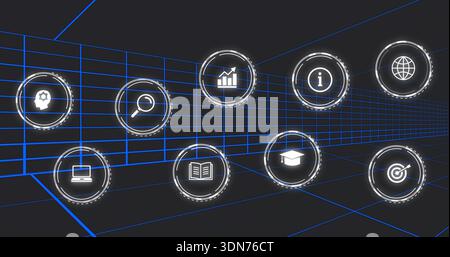 Schwebende holografische Symbole, die durch den virtuellen 3D-Dashboard-Tunnel gleiten und blaue Rasterlinien anzeigen Stockfoto