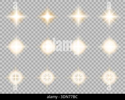 Set aus realistischen goldenen Leuchtelementen mit sanften Lichtstrahlen und Starburst-Formen. Perfekt für magische Effekte, Highlights, Feiern und moderne Grafikprojekte. Helle Leuchtüberlagerung. Lichteffekte. goldenes Licht. Funkelnder Glow-Effekt. Leuchtendes Licht bricht aus. Stock Vektor