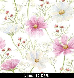 Nahtloses Muster von Wildblumen in Wasserfarben. Feldblumen von Hand gezeichnet wiederholen Hintergrund mit pastellrosa und weißen Kosmos Pflanzen. Frühlingsblühende Wiese Stockfoto