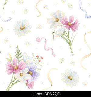 Brautsträuße mit Bändern nahtloses Muster in Aquarellfarben. COSMOS Wildblumen mit kleinen weißen Feldblumen wiederholen Hintergrund. Handgezeichnet in Pastellrosa Stockfoto