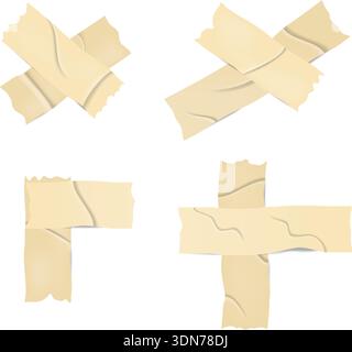 Ein Satz beigefarbener, gerissener Klebebandstücke, die in Kreuz- und Eckform angeordnet sind. Ideal für Scrapbooking, Collage-Design, Planer und kreative digitale Projekte. Beige, aufgerissener Klebstoff. Gerissene Papierstreifen. Scrapbooking-Bandelemente. Dekorative Klebebandstücke. Stock Vektor