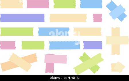 Vektor-Sammlung von bunten Klebeband-Streifen in verschiedenen Formen und Längen, perfekt für Scrapbooks, digitale Planer, Notizen, kreative Layouts, und dekorative Designprojekte. Pastellband-Vektor. Buntes Abdeckband-Set. Klebebandstücke. Dekorative Bandstreifen. Grafik mit Scrapbook-Band. Stock Vektor