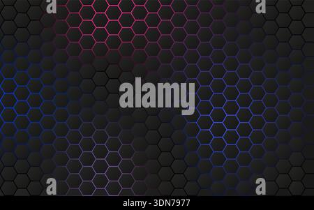 Abstraktes dunkles sechseckiges Muster, beleuchtet mit rosa, lila und blauen Neonverläufen, schafft einen modernen futuristischen Tech-Hintergrund. Neon-Sechseckhintergrund. Futuristisches Wabenmuster. Mehrfarbiges technisches Raster. Geometrische SCI-fi-Textur. Moderner digitaler Hintergrund. Stock Vektor