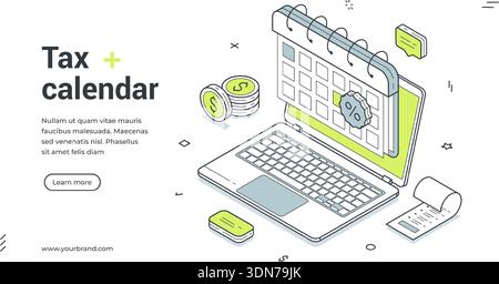 Webbanner für Steuerkalender und Finanzservice. Illustration isometrischer Vektor mit Laptop. Moderne Vorlage für eine Landing-Page über Online-Steuerzahler Stock Vektor