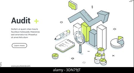 Webbanner für Business Audit Service. Isometrische Vektordarstellung mit Finanzdiagramm. Moderne Vorlage für eine Landing-Page zur Datenanalyse und Stock Vektor