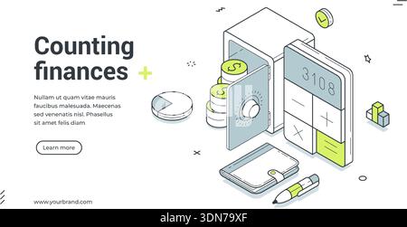 Webbanner für das Zählen von Finanzdaten. Isometrische Vektordarstellung eines Tresors mit Geld. Moderne Vorlage für eine Landing-Page zu Einsparungen und Budget. Fin Stock Vektor