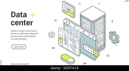Web-Banner für Rechenzentren. Isometrische Vorlage für eine Landing-Page auf Hosting und Cloud-Speicher. Vektordarstellung mit Server-Rack, Datenbank verwalten Stock Vektor