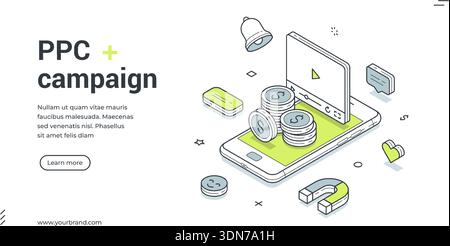 Webbanner für PPC-Kampagnen. Isometrische Vorlage für eine Landing-Page über digitales Marketing. Die Vektorabbildung zeigt ein Smartphone mit Münzen, Magneten und Stock Vektor