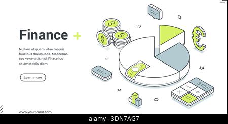 Webbanner für Finanzen und Investitionen. Isometrische Vektordarstellung für Geschäftsanalysen. Moderne Vorlage für eine Landing-Page mit Tortendiagramm, Geld, Stock Vektor