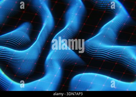 Abstrakte Darstellung von Schallwellen oder Frequenzimpulsen in einem digitalen Raum. High-Tech-3D-Rendering geeignet für Audiotechnik, Musiktechnologie, A Stockfoto