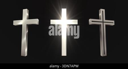 Ein atemberaubendes Trio christlicher Kreuze mit metallischen und leuchtenden Effekten auf dunklem Hintergrund. Vektorabbildung. Stock Vektor