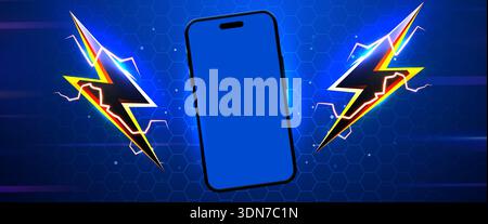 Leerer Smartphone-Bildschirm mit Blitz auf einem lebendigen technischen Hintergrund. Vektorabbildung Stock Vektor