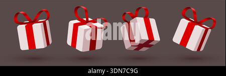 Dynamische 3D-Geschenkboxen mit roten Bändern. Moderne festliche Grafik für Feiertage, Verkauf und Feierlichkeiten. Vektorabbildung Stock Vektor