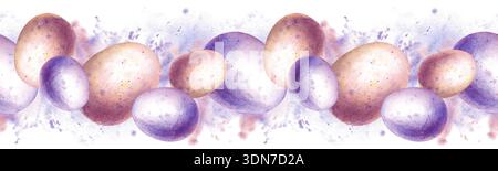 Nahtloser Rand von bemalten Eiern auf einem Hintergrund von Farbspritzern. Aquarellillustration mit rosa und lila Ostereiern auf einem isolierten Stockfoto