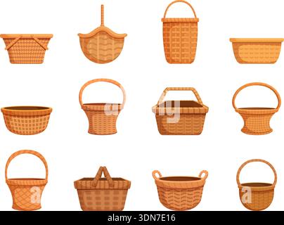 Korb-Clipart. Ländliche Korbkörbe aus Zweigen, dekorative leere Behälter für ostern, Picknick, Essen. Dekorative Haushaltselemente, Sapid Vektor-Set Stock Vektor