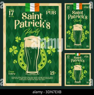 Retro-Poster zum Saint Patrick Day und soziale Medien mit grünem Bierbecher, irischer Flagge, keltischer Typografie und Vintage-Papierstruktur. Vektordesign für die Werbeaktion zu Feiertagen. Vektor-EPS10-Grafiken. Stock Vektor