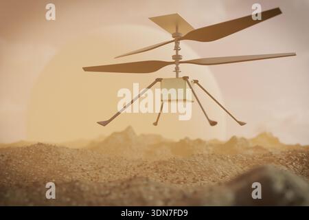 Der geniale Hubschrauber fliegt über die felsige Marsoberfläche. Hightech-Drohne erkundet das Gelände des Red Planet unter einem orangen Himmel. Raumfahrterkundung Stockfoto