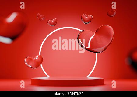 3D-Rendering eines roten Podiums zur Produktanzeige mit schwebenden Glasherzen und einem leuchtenden Neonkreis. Romantischer Hintergrund für Valentinstag, Hochzeit, Stockfoto