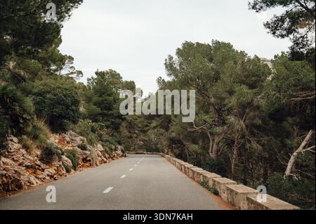 Leere MA-2210 Road durch Kiefernwald nach Cap de Formentor, Mallorca Stockfoto