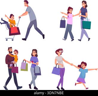 Einkaufen für die ganze Familie. Kinder mit Eltern im Supermarkt Leute kaufen exakte Vektor-Cartoon-Charaktere Stock Vektor