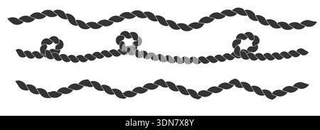 Seilbürste einfaches dekoratives Seil für Rahmen und Rahmen. Textur für Meeresseile. Dickes Kabel- oder Drahtelement-Set. Vektorabbildung Stock Vektor