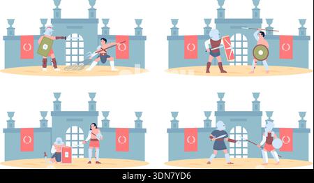 Gladiatorenszenen. Flache Gladiatoren kämpfen, Leute mit Waffen und Rüstung. Legionärskämpfe, antike römische Krieger greifen an und verteidigen sie, kürzlich Stock Vektor