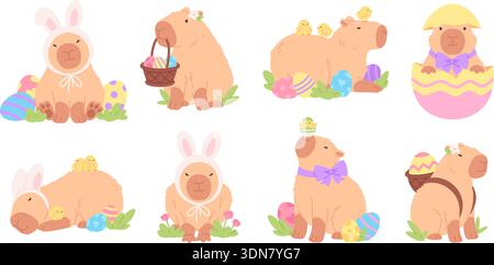 Comic easter Capybara. Lustige Charaktere von Capy Bunny. Capybaras mit Huhn, Korb mit dekorativen Eiern, im Hut mit Hasenohren, rassige Vektor Stock Vektor