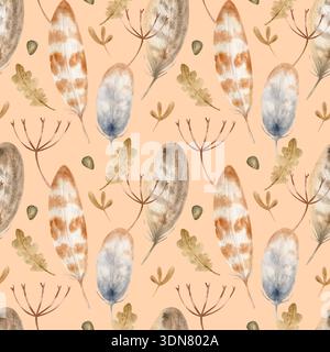 Nahtloses Boho Aquarellmuster mit Federn für Textildesign, Tapeten, Verpackungen und Wohnkultur Stockfoto