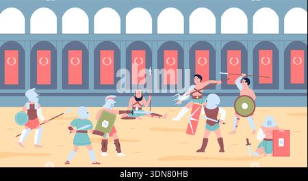 Gladiatorenkampf in der Arena. Gladiatoren kämpfen, alte römische Krieger in Rüstung und mit Waffen. Legionäre kämpfen, historische Rekonstruktion Stock Vektor