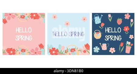 Set mit drei Blumenbannern mit Blumen und Aufschrift „Hello Spring“. Stock Vektor