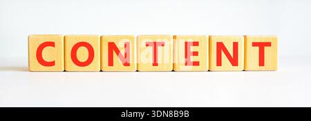 Inhaltssymbol. Concept Word Inhalt auf schönen Holzblöcken. Schöner weißer Hintergrund. Business Content-Konzept. Kopierbereich. Stockfoto